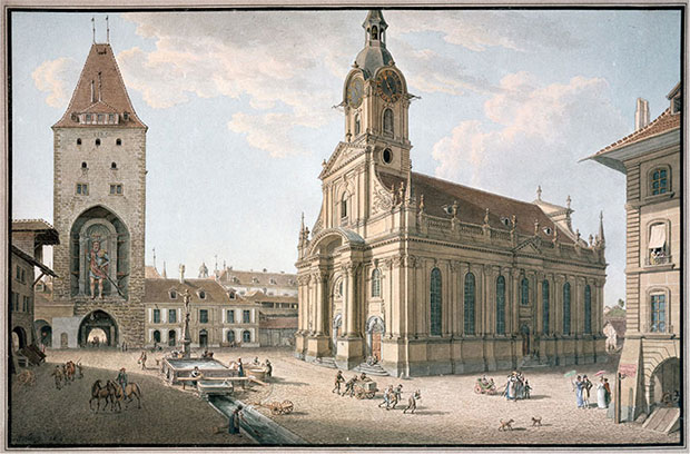 Gabriel Lory père, Die Kirche zum Heiligen Geist in Bern, 1814, 25,5, x 39,5 cm, Kunstmuseum Bern, Bernische Kunstgesellschaft.